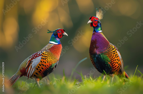 A beautiful pheasant male and female in green grass