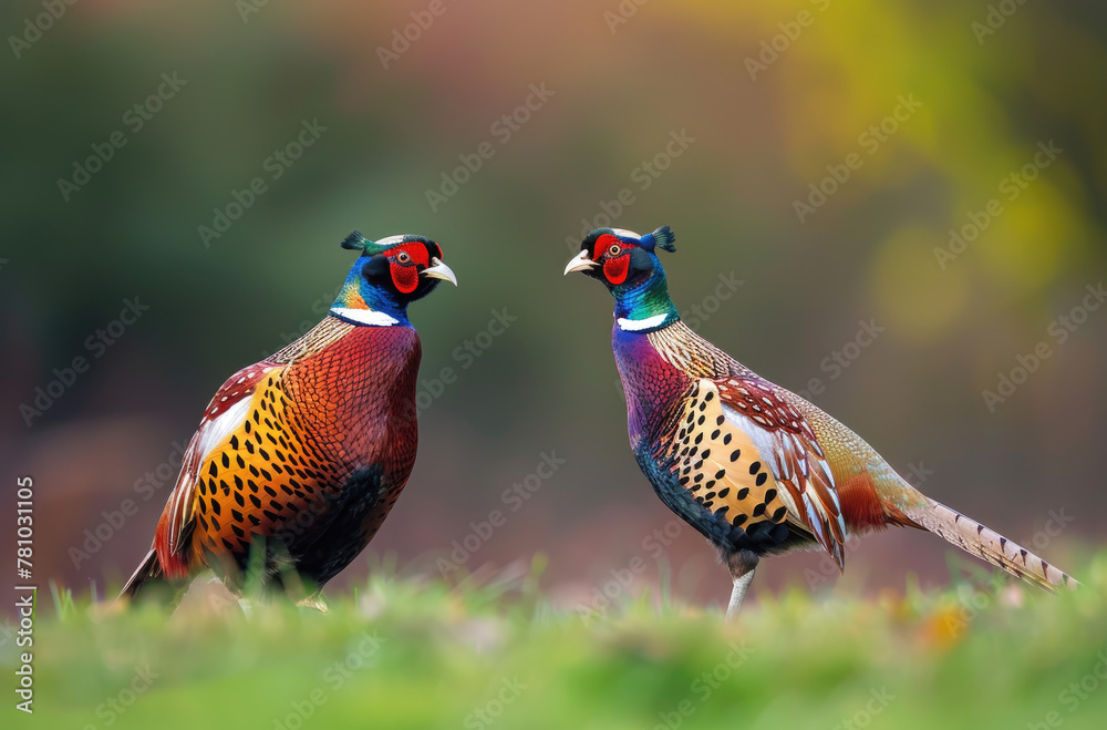 Fototapeta premium A beautiful pheasant male and female in green grass