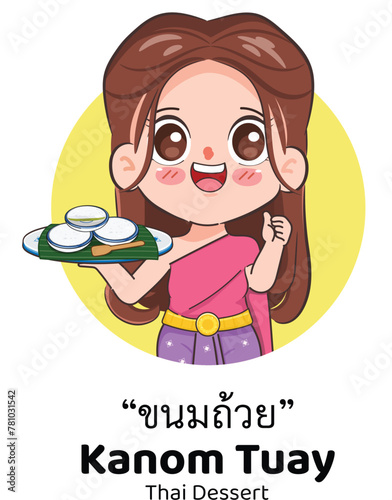 Beautiful Thai woman wearing Thai Traditional dress presenting Kanom Thai dessert with Kanom Tauy. Chibi cartoon doodle vector design.