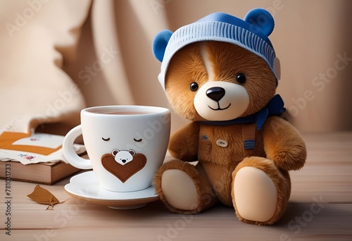 3D sick teddy bear in blue hat with a cup of hot tea, get well soon photo