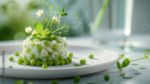 Upon a plate enveloped in rising steam, hot pea risotto is delicately garnished with lemon zest, complemented by the vibrant presence of fresh green peas and aromatic herbs.
