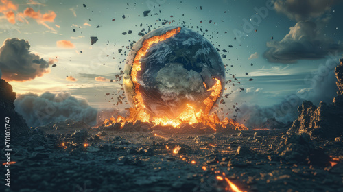 Visualization of the Earth cracking open like an egg, with molten lava of industry and finance spilling out,