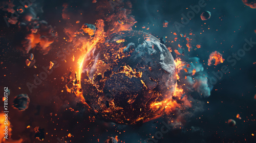 Visualization of the Earth cracking open like an egg, with molten lava of industry and finance spilling out,