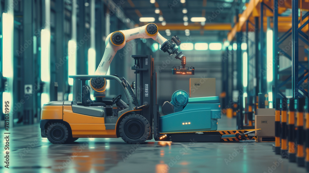 Visualization of a robotic arm and an AI-powered forklift working in tandem in a smart warehouse,