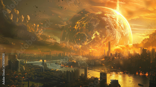 Visualization of a planet under siege, with natural disasters intensified by global warming wreaking havoc on urban centers,
