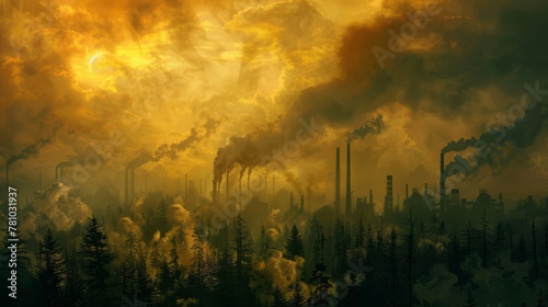 Visualization of a planet s desperate gasp for air  as forests shrink and factory chimneys multiply  belching out dark smoke 