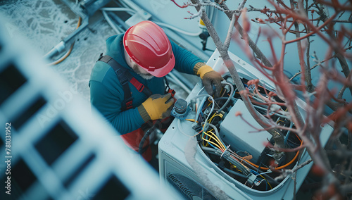 top view of a man Wearing a helmet and work clothes and he is checking a heating and cooling unit  Refrigeration technician   Wires