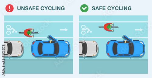 Safe driving tips and rules. Safe and unsafe cycling. Avoiding the door zone. Top view of a cyclist and parked cars. Flat vector illustration template.