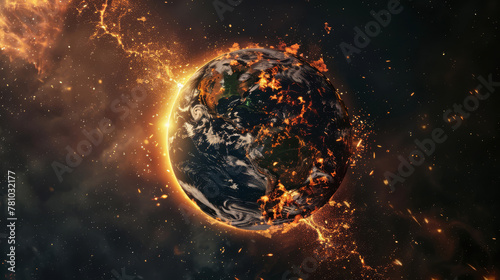 Visualization of Earth's fading pulse, represented by diminishing light in a world overtaken by darkness and destruction,