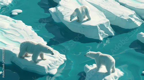 Visualization of melting polar ice, with polar bears and other wildlife stranded on shrinking ice floes,