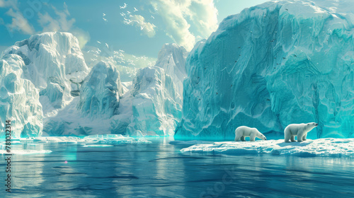 Visualization of melting polar ice, with polar bears and other wildlife stranded on shrinking ice floes, photo