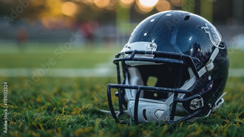 A close-up of a football player's helmet resting on the turf, with the field blurred in the background. 