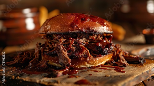 A sandwich with pulled meat from a pit barbecue is available on a wooden platter over the backdrop of a wooden kitchen table and space, Generative AI.