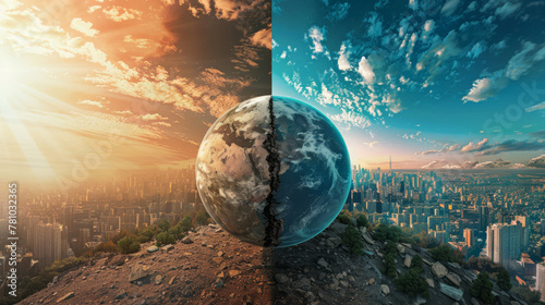 Visualization of the contrast between a vibrant past and a desolate future, split down the middle of a turning globe,