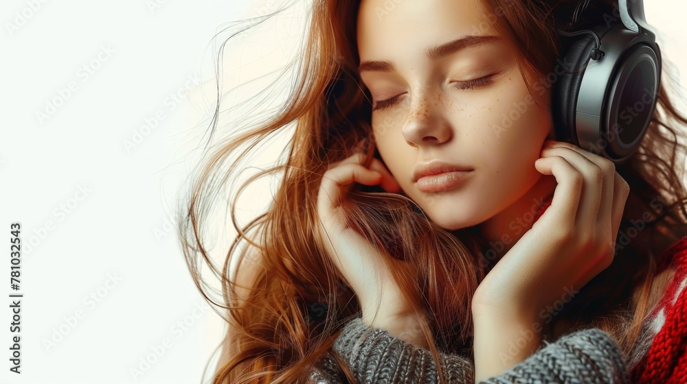 Fototapeta premium Woman wearing headphones resting with closed eyes