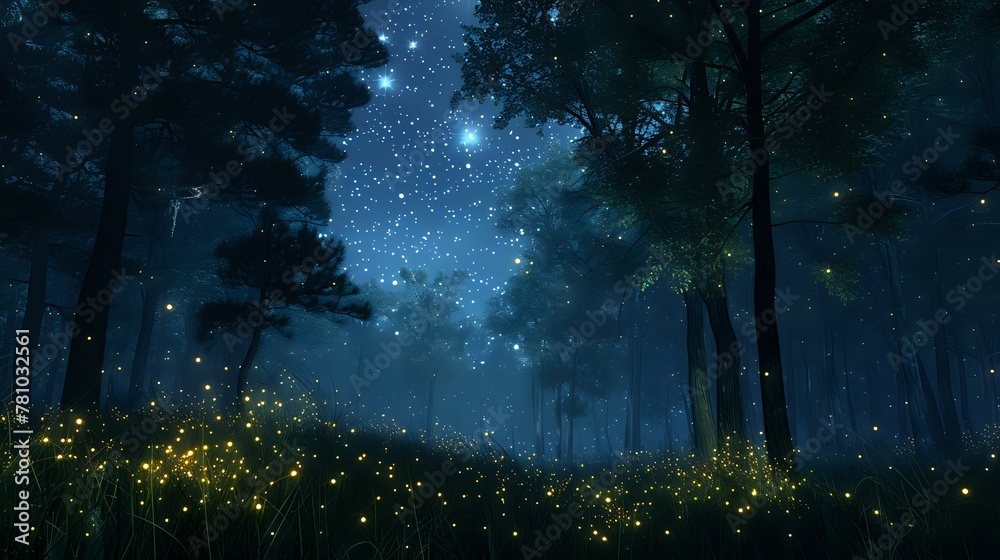 Enchanted Night Forest: Celestial Canopy Above./n
