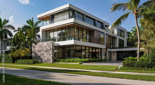 Modern twostory villa with large glass windows, white walls and black tiles on the roof. The front of the house is overlooking green lawns and palm trees in tropical climate area