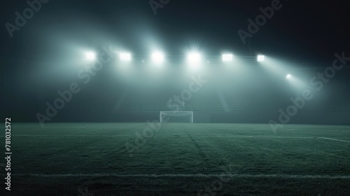A football stadium illuminated by the glow of floodlights at night, creating a dramatic atmosphere.  photo