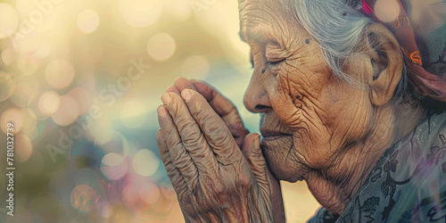 elderly woman with wrinkles on her face is praying, generative AI #781032739