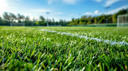 A close-up of a football field's freshly mowed grass, with goalposts in the background.  photo
