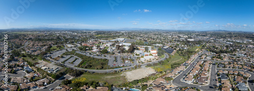 Aerial view of Miracosta public community college serving coastal North San Diego County in Oceanside California with parking lot for students