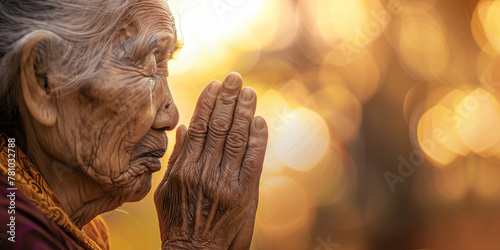 elderly woman with wrinkles on her face is praying, generative AI