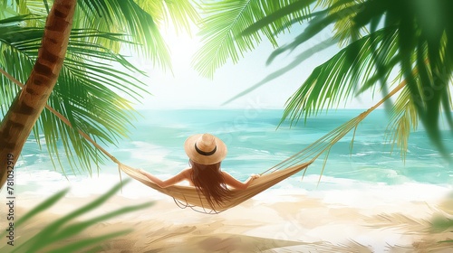 A woman in a beach hat lies on a summer sunbed among tropical palm trees and a sea view. Summer vacation, beach holiday and relaxation