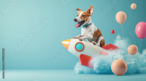 A dog flies on a rocket into space. Cosmonautics Day, space dog, quick start, animal astronauts. First dog in space