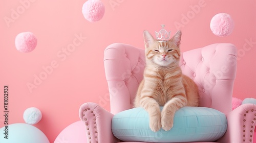 The greatest red queen of cats with a crown on her head sits importantly and with dignity on a soft pink throne. On pink background with soft pompons photo