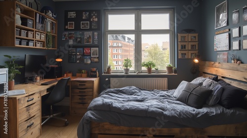 Interior design small compact bedroom in rich blue tones with a wooden bed and a desk. Many paintings and photos on the walls