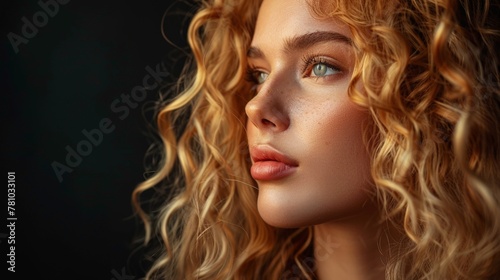 Woman with curly hair and blue eyes