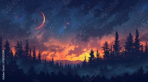 Celestial Moonrise Over Forest photo