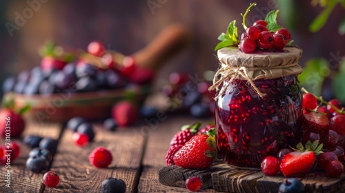 Close-up of a jar of preserves with berries on a wooden table