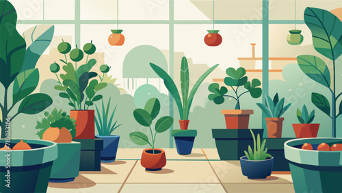 A set of watercolor paintings depicting an array of vibrant vegetables growing indoors surrounded by potted herbs and small planters. Each