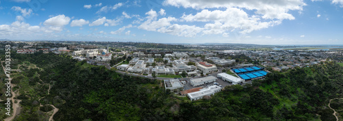 University of San Diego in Alcalá Park sits atop the edge of a mesa overlooking Mission Bay provides stunning views, Blue dome immaculata church near the school of business and student center