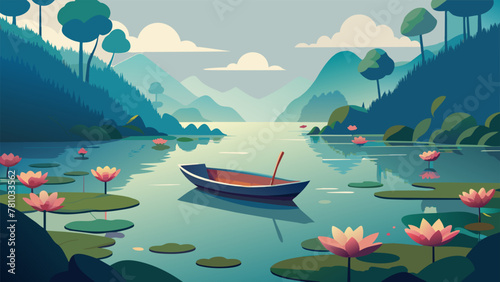 A watercolor painting of a small boat floating on a tranquil lake surrounded by blooming lotus flowers and lush greenery evoking a feeling of