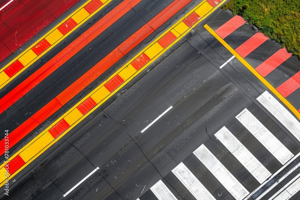 A close-up aerial perspective of lane markings on a newly constructed highway, showcasing red and yellow stripes - obrazy, fototapety, plakaty 