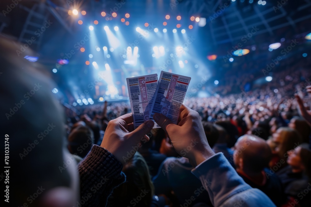 A crowd of concert-goers enthusiastically holding up tickets while enjoying the event - obrazy, fototapety, plakaty 