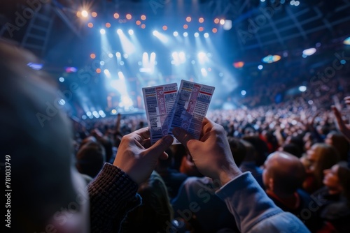 A crowd of concert-goers enthusiastically holding up tickets while enjoying the event photo