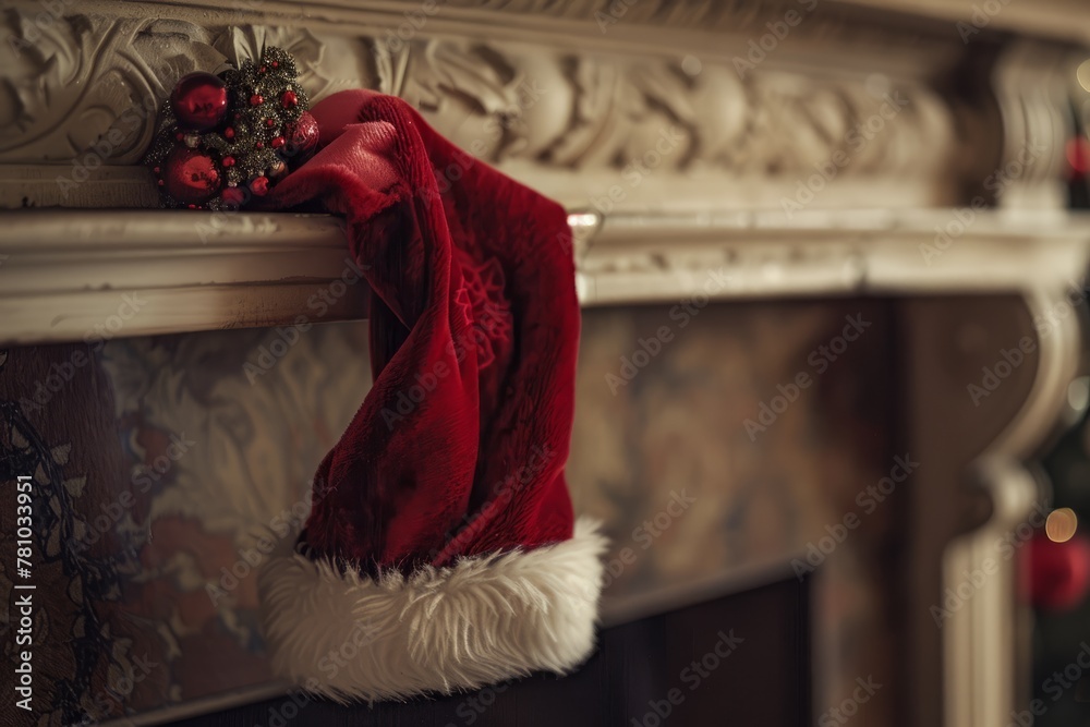 Red and white Christmas stocking hanging on a fireplace mantel, against a background of flames and holiday decorations