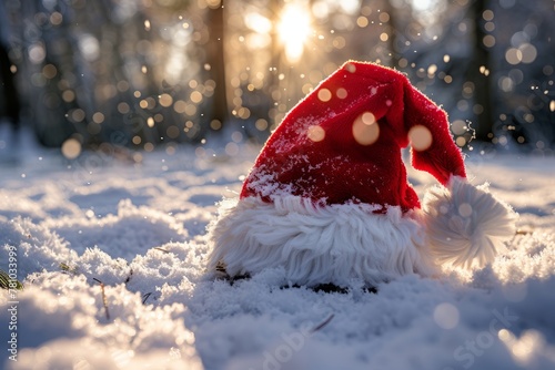 A fluffy stuffed animal wearing a festive Santa hat sits in the snowy winter landscape