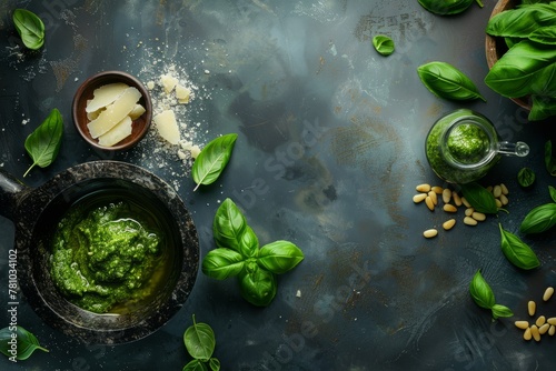 Green basil pesto in a bowl next to a cup of pesto alla Genovese ingredients - Parmesan cheese, basil leaves, pine nuts on an old table photo