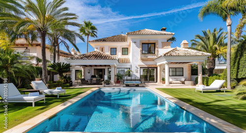 A beautiful, luxurious villa in Marbella with an outdoor pool and palm trees against a background of blue sky. The house has white walls and beige roof tiles.  © Kien