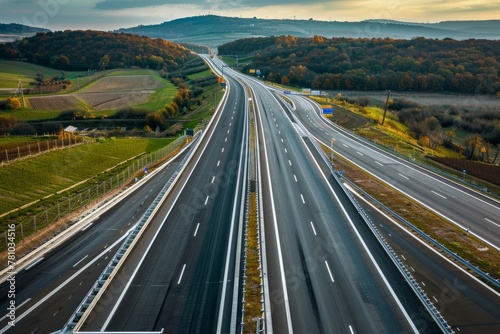 Overhead view of a new, empty highway with multiple lanes in a rural setting