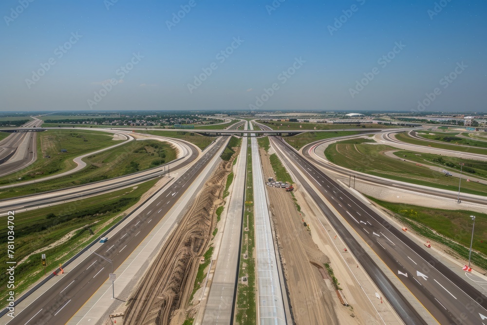 Overhead perspective of a busy highway with numerous lanes extending into the distance