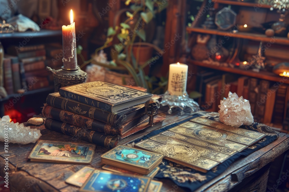 A table is fully covered with numerous cards and a single burning candle as the main subjects in the image