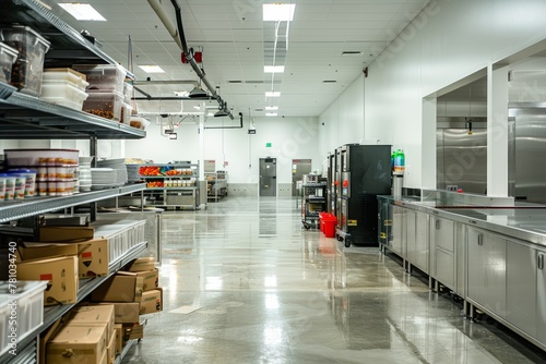 A wide-angle view of a large commercial kitchen filled with stainless steel appliances for food preparation and storage