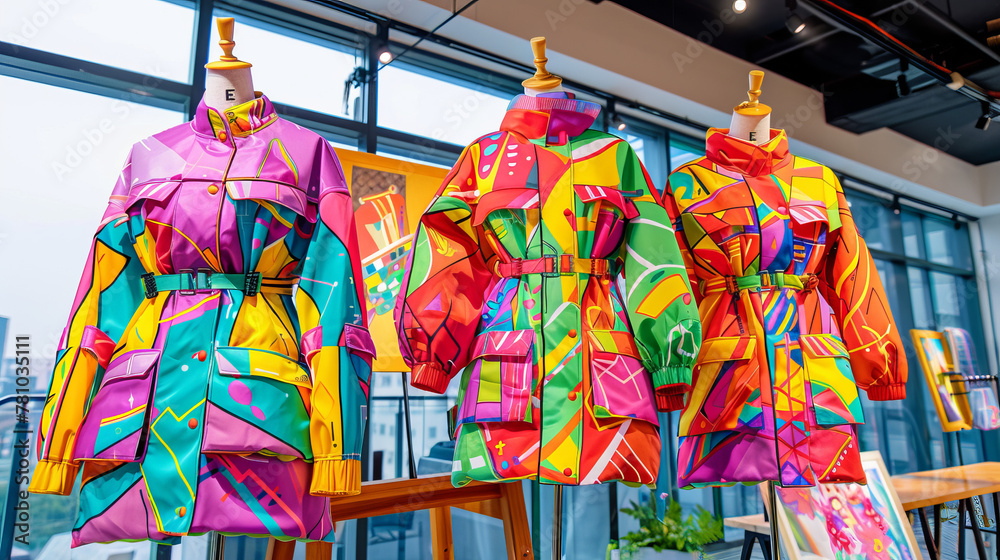 Three colorful jackets are displayed on mannequins in a window