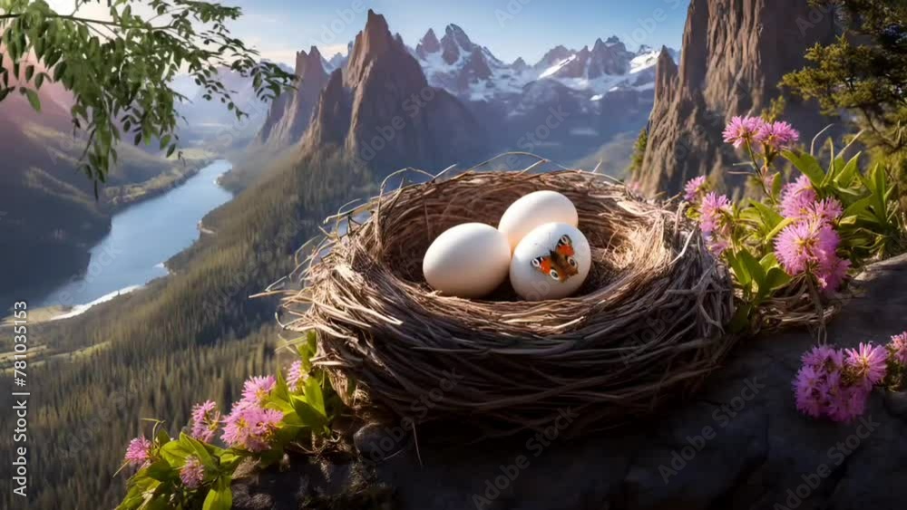 Eggs on nest in the mountain. Seamless looping time-lapse 4k video animation background