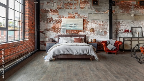In a loft apartment the bedroom features a walltowall installation of stonelook LVT in a warm grey tone. The texture of the LVT adds depth and dimension to the room and complements . photo